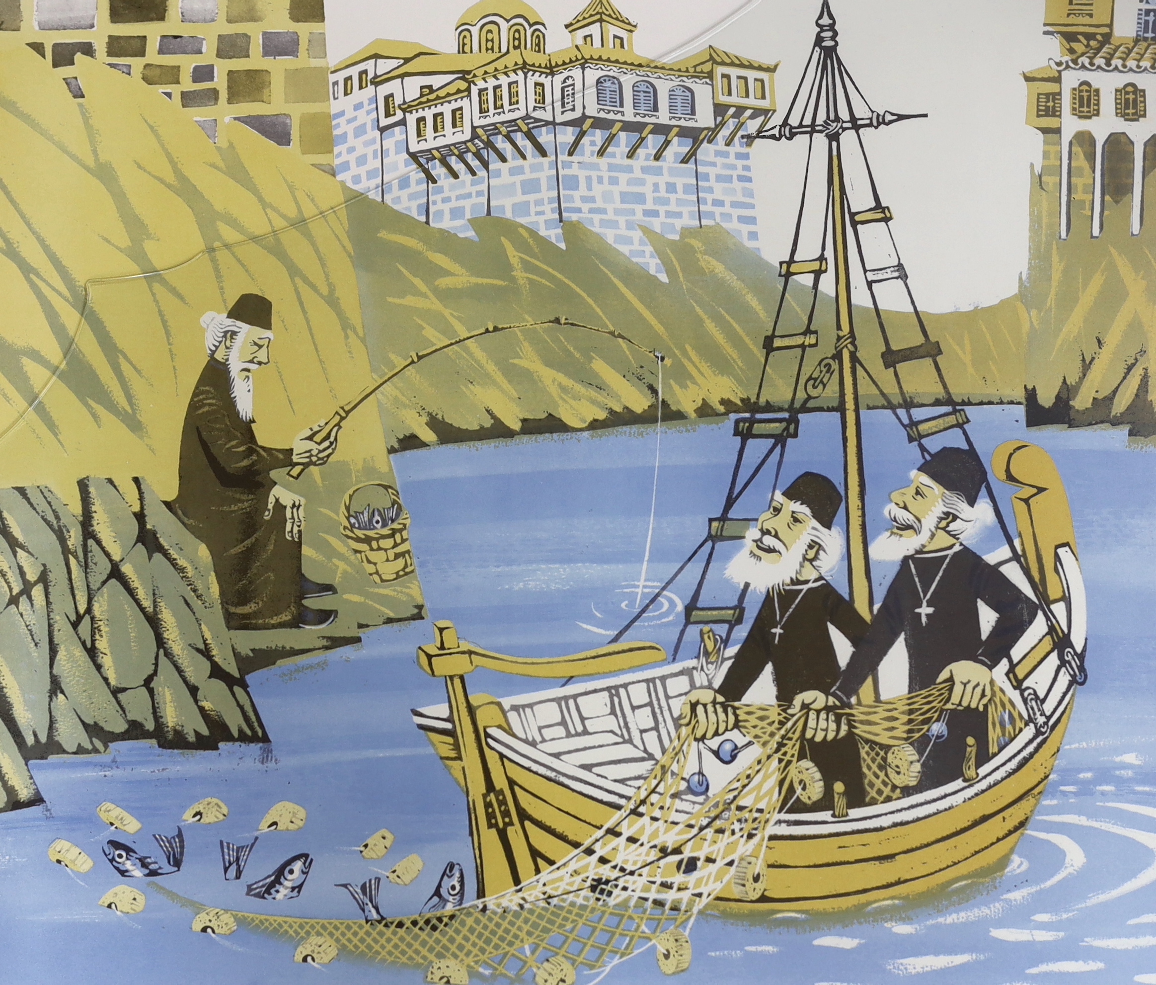 Circle of Kostas Grammatopoulos, limited edition print, Priests fishing, indistinctly signed and dated 1972, 4/32, 53 x 61cm